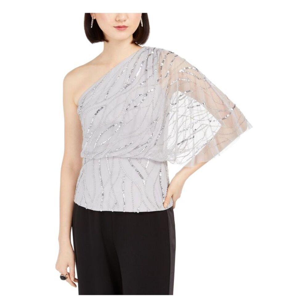 ADRIANNA PAPELL Womens Gray Sleeveless Evening Top Petites 10P